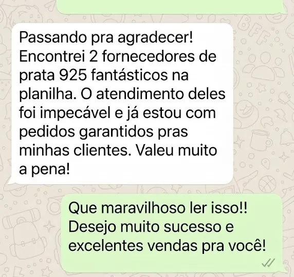Print de conversa no WhatsApp: cliente encontrou 2 fornecedores na planilha com ótimo atendimento