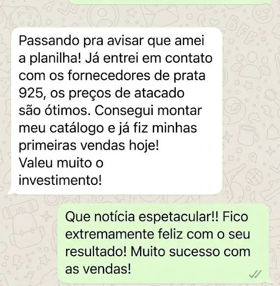 Print de conversa no WhatsApp: cliente amou a planilha e montou seu catálogo